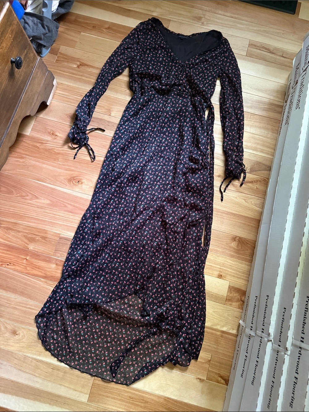 Kendall & Kylie Black Maxi Wrap Dress with Pink Floral Print